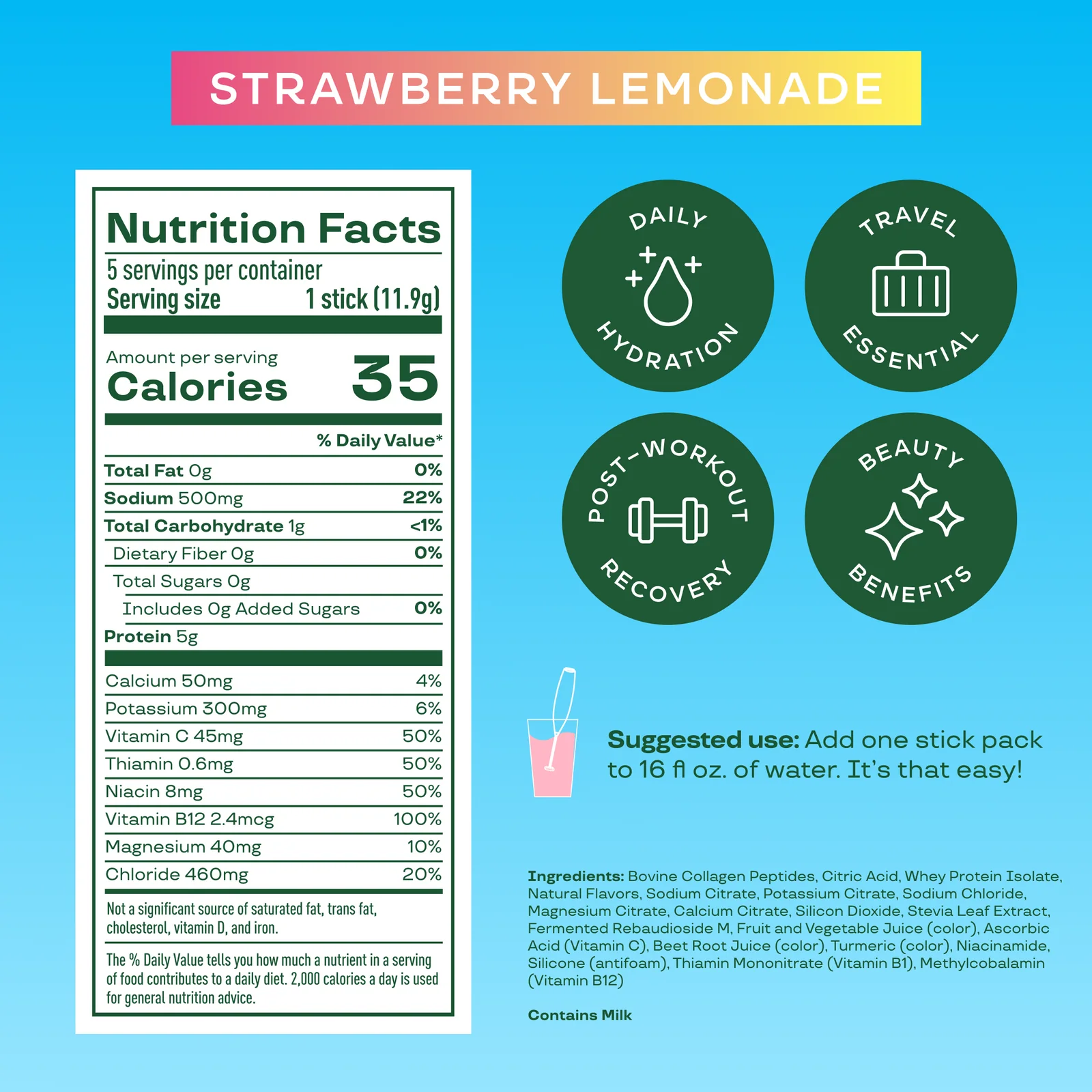 Bloom Nutrition Daily Hydration Sticks Strawberry Lemonade (10 unid.)