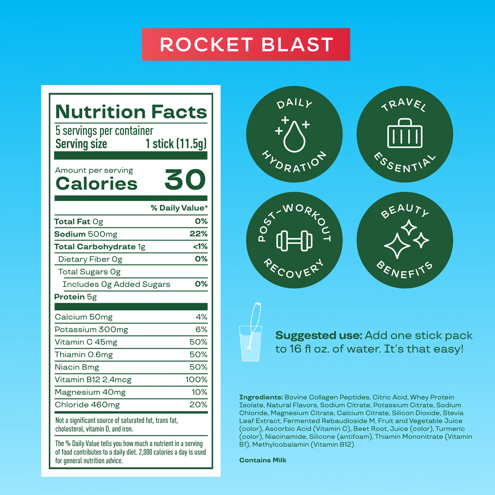 Bloom Nutrition Daily Hydration Sticks Rocket Blast (10 unid.)